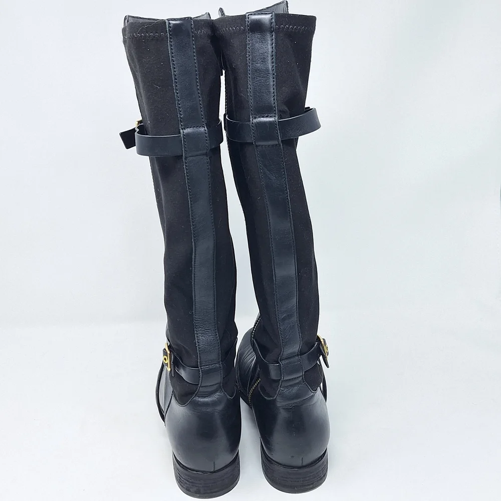 Cole Haan Dorian Stretch Black Riding Boot Leather Boots Gold Hardware